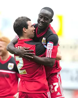Bristol City V Blackburn Rovers Prints: Adomah and Foster Celebrate Bristol City's Goal Against Blackburn Rovers