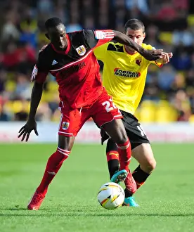 Watford V Bristol City Prints: Adomah vs Pudil: Intense Battle for Ball Possession in Watford vs Bristol City Championship Clash