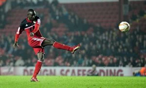 Images Dated 23rd October 2012: Adomah's Dramatic Free Kick Hits the Post: Bristol City vs. Burnley, Championship 2012
