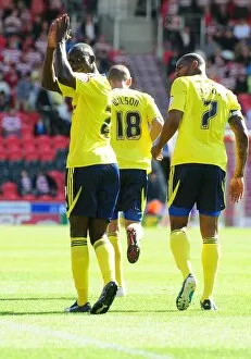 Images Dated 27th August 2011: Adomah's Strike: Albert Celebrates Opening Goal for Bristol City in League Cup Match vs