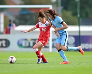 Manchester City Womens Prints: Angharad James Faces Intense Pressure from Jill Scott in Bristol Academy Women vs Manchester City Women Football Match