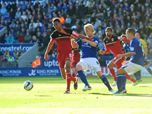 Leicester City V Bristol City Prints: Battling for Supremacy: Nyatanga vs Whitbread in the Championship Clash between Leicester City and Bristol City