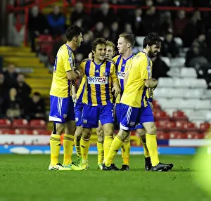 Bristol City V Brentford Prints: Brentford's Sam Saunders Celebrates Goal with Team Mates against Bristol City