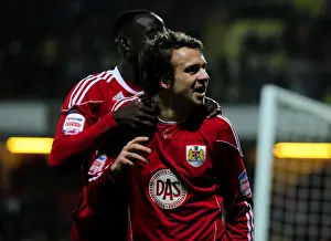 Brett Pitman and Albert Adomah: Celebrating the Championship Winning Goal for Bristol City against Watford (22/02/2011)