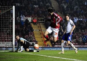Images Dated 10th March 2012: Brett Pitman's Dramatic Shot vs. David Marshall: A Pivotal Moment in the Bristol City vs