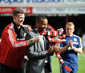 Bristol City: Aden Flint and Tyrone Barnett Sharing a Light-Hearted Moment during Bristol City v Crewe, Sky Bet League One Match, 2014