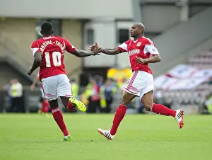 Coventry City V Bristol City Prints: Bristol City Celebrate Goal: Elliott and Emmanuel-Thomas Rejoice at Sixfields Stadium (Coventry vs)