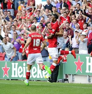 Images Dated 15th August 2015: Bristol City Celebrates Goal Against Brentford: Kodjia and Williams Rejoice