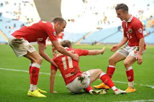 Coventry City V Bristol City Prints: Bristol City Celebrates Goal Against Coventry City: Wagstaff, Wilbraham, and Bryan Rejoice
