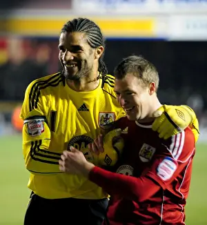 Framed Print : Bristol City: David James and David Clarkson Celebrate Goal Against Cardiff City (01.01.2011)