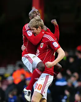 Bristol City V Cardiff City Prints: Bristol City: Double Celebration - Campbell-Ryce and Stead Rejoice in Championship Victory over Cardiff City