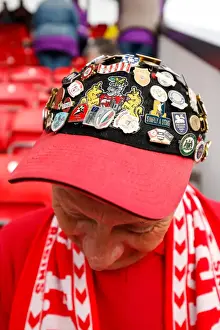 Bristol City Fan's Hat of Pin Badges at Fleetwood Town Match, 2014