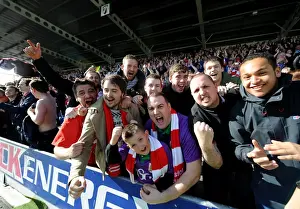 Framed Print : Bristol City Fans Triumphant Celebration at Proact Stadium during Chesterfield vs. Bristol City Football Match, Sky Bet League One (25.04.2015)