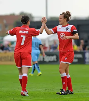 BAWFC V Manchester City Womens Prints: Bristol City FC: Jemma Rose and Natalia Pablos Sanchon Celebrate Goal Against Manchester City Ladies