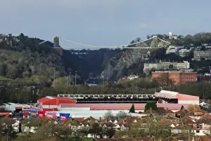 Bristol City Football Club at Ashton Gate Stadium with Clifton Suspension Bridge Backdrop
