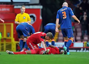 Bristol City V Blackpool Prints: Bristol City: Jon Stead Consoles Injured Sam Baldock After Heads Clash with Ian Evatt
