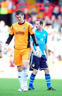 Bristol City V Leeds United Prints: Bristol City: Tom Heaton's Reaction to George Elokobi's Injury in the Championship Match against Leeds United