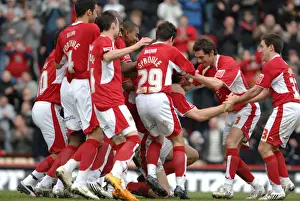 Framed Print : Bristol City: Unified Ecstasy - McCombe's Goal Celebration vs Hull City Framed Print : Bristol City: Unified Ecstasy - McCombe's Goal Celebration vs Hull City