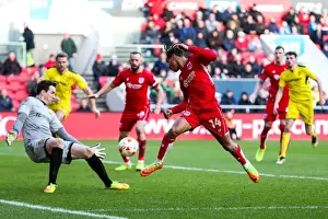 Framed Print : Bristol City vs Burton Albion: Bobby Reid's Shot Saved by Jon McLaughlin