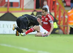 Bristol City vs Crewe: Sam Baldock Challenges for the Ball at Ashton Gate, 2014