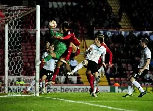 Bristol City v Derby County Collection: Bristol City vs Derby County: Liam Fontaine's Header Thwarted by Adam Legzdins