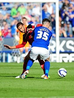 Images Dated 6th October 2012: Bristol City vs Leicester City: Liam Fontaine Tackles David Nugent in Championship Clash