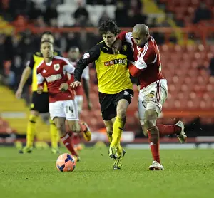 Bristol City V Watford FA Cup Prints: Bristol City vs. Watford: Marvin Elliott and Diego Fabbrini Battle for the Ball in FA Cup Third Round at Ashton Gate
