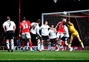 Bristol City's Andre Amougou Heads Shot Saved by Barnsley's David Button during Bristol City v Barnsley Match, Ashton Gate Stadium (Sports, Football)