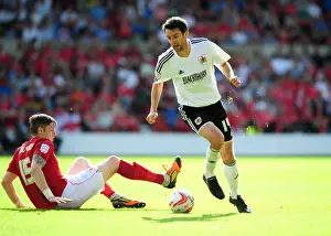 Nottingham Forest V Bristol City Prints: Bristol City's Cole Skuse Dribbles Past Nottingham Forest's Greg Halford in Championship Clash