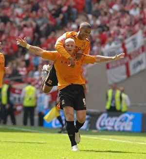 Images Dated 24th May 2008: Bristol City's Dean Windass and Frazier Campbell Celebrate Promotion: Play-Off Final Triumph