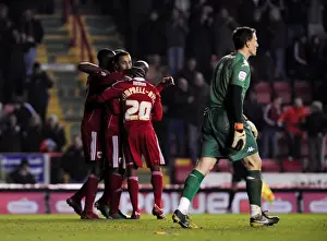 Framed Print : Bristol City's Double Delight: Celebrating Portsmouth's Own Goal - Nicky Maynard and Team (Championship, 08-03-2011)