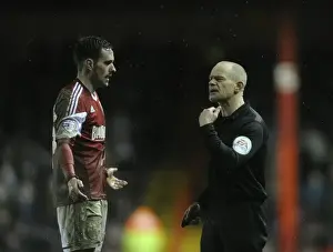 Bristol City V Coventry City Prints: Bristol City's Greg Cunningham in Referee Discussion with Andy Woolmer during Bristol City vs Coventry City