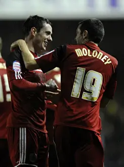 Bristol City V Watford Prints: Bristol City's Gregg Cunningham Scores and Celebrates with Brendan Moloney Against Watford in Championship Match
