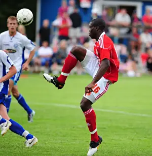 Bristol Citys John Akinde lobs the keeper but his effort is cleared off the line