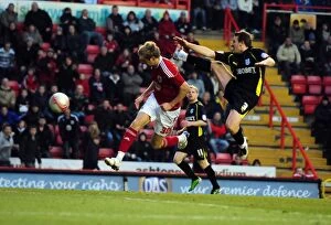 Images Dated 1st January 2011: Bristol City's Jon Stead Narrowly Misses Header Goal Against Cardiff City - Championship Match