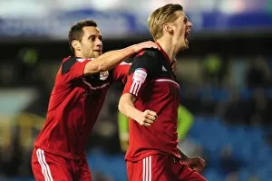 Images Dated 1st January 2013: Bristol City's Jon Stead and Sam Baldock Celebrate Goal Against Millwall in Championship Match, 2013