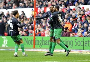 Images Dated 27th February 2016: Bristol City's Jonathan Kodjia, Bobby Reid, and Mark Little Celebrate Goal vs