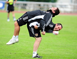 Bristol Citys Lee Johnson is stretched by fitness coach Glenn Schmidt Bristol Citys Lee Johnson is stretched by fitness coach Glenn Schmidt