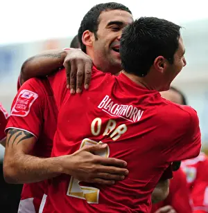 Bristol City V Nottingham Forest Prints: Bristol City's Liam Fontaine and Bradley Orr in Controversial Goal Celebration: Who Scored the Opener vs