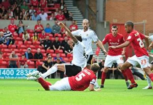 Images Dated 18th August 2012: Bristol City's Liam Fontaine Fouls by Nottingham Forest's Danny Collins in Penalty Area - No