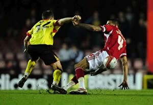 Images Dated 20th March 2012: Bristol City's Liam Fontaine Red-Carded for Foul on Watford's Jonathan Hogg