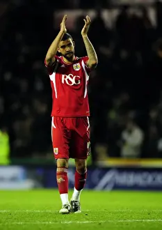Derby County V Bristol City Prints: Bristol City's Liam Fontaine Shows Appreciation to Traveling Fans at Derby County Championship Match - 10/12/2011