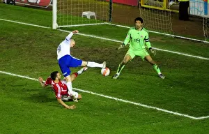 Bristol City V Cardiff City Prints: Bristol City's Liam Fontaine Stops Kenny Miller's Shot - Football Rivalry at Ashton Gate Stadium
