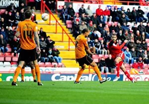 Images Dated 1st December 2012: Bristol City's Liam Fontaine Unleashes a Powerful Volley Against Wolves in Championship Clash