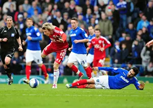Bristol City's Martyn Woolford Fouled by Ricardo Rocha during Portsmouth vs. Bristol City Football Match, 2012