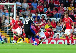 Bristol City V Portsmouth Prints: Bristol City's Maynard and McAllister Block Portsmouth's Halford Free Kick in 2008-09 Championship Clash