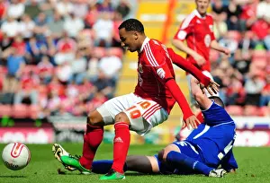 Bristol City V Ipswich Town Prints: Bristol City's Nicky Maynard Fouled by Ipswich's Damien Delaney during Championship Match
