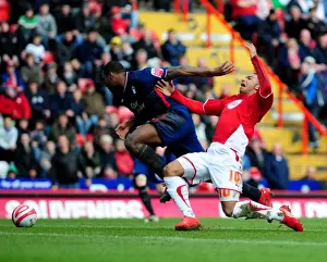 Bristol City V Nottingham Forest Prints: Bristol City's Nicky Maynard Fouled by Wes Morgan in Championship Clash vs