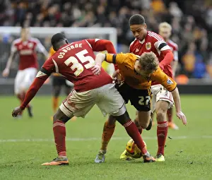 Wolves V Bristol City Prints: Bristol City's Osborne and Reid Tackle Michael Jacobs in Wolves vs