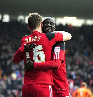 Images Dated 9th March 2013: Bristol City's Steven Davies and Albert Adomah Celebrate Goals